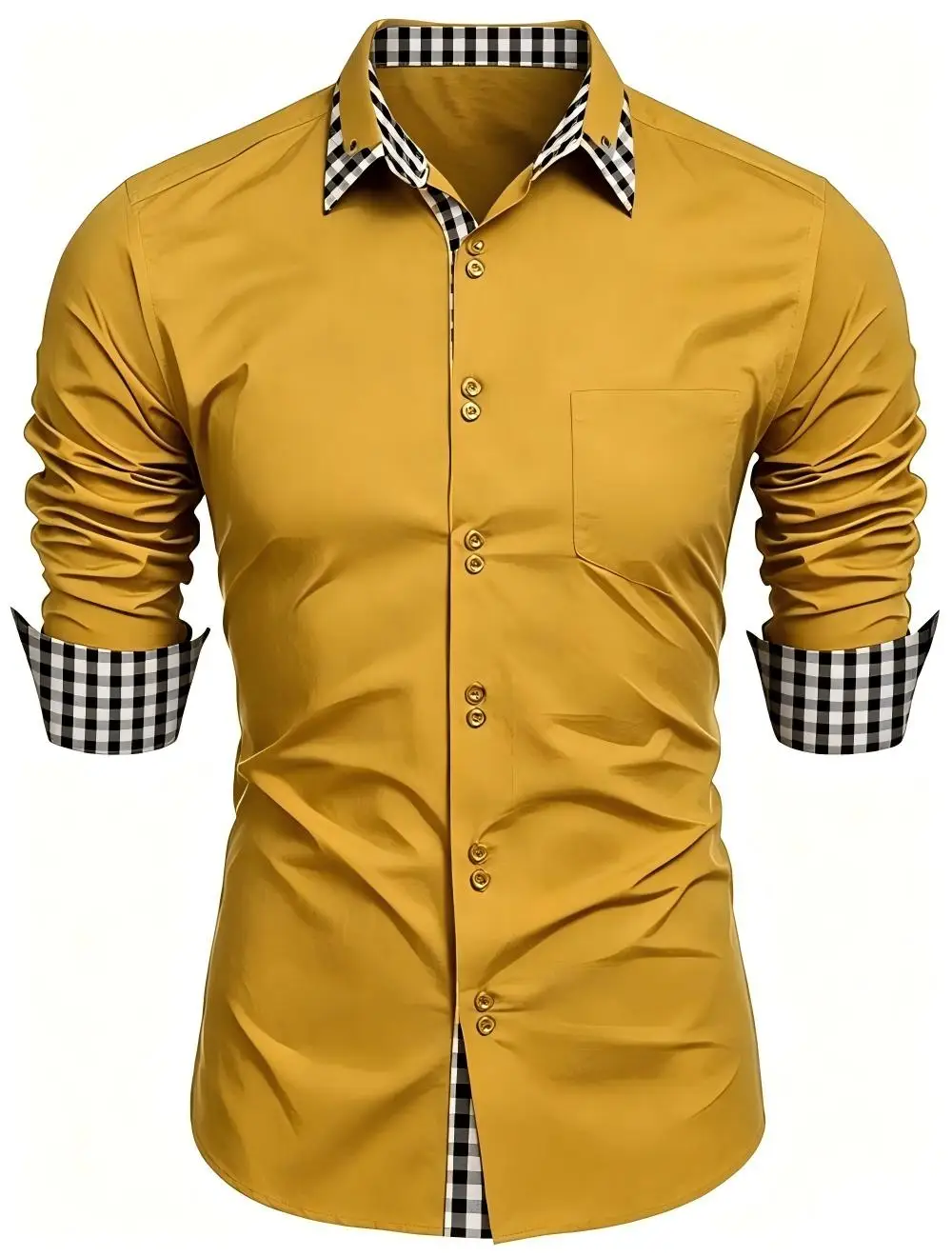 Men's Shirt Plaid Casual Double Breasted Long Sleeved Lapel, Spring Autumn Clothing Patchwork