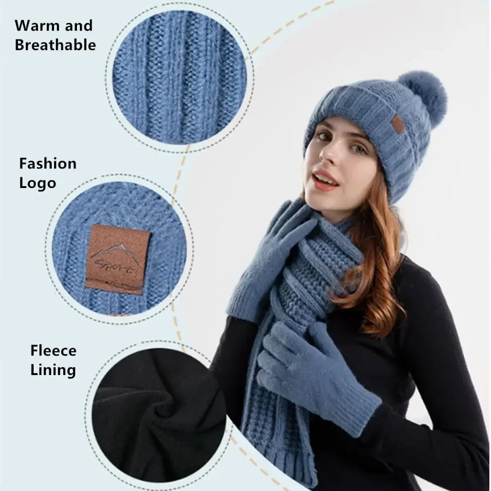 3 في 1 قبعة شتوية قبعة وشاح وقفازات مجموعة دافئة متماسكة قبعة سميكة صوف مبطن للنساء rekawice motocyklowe