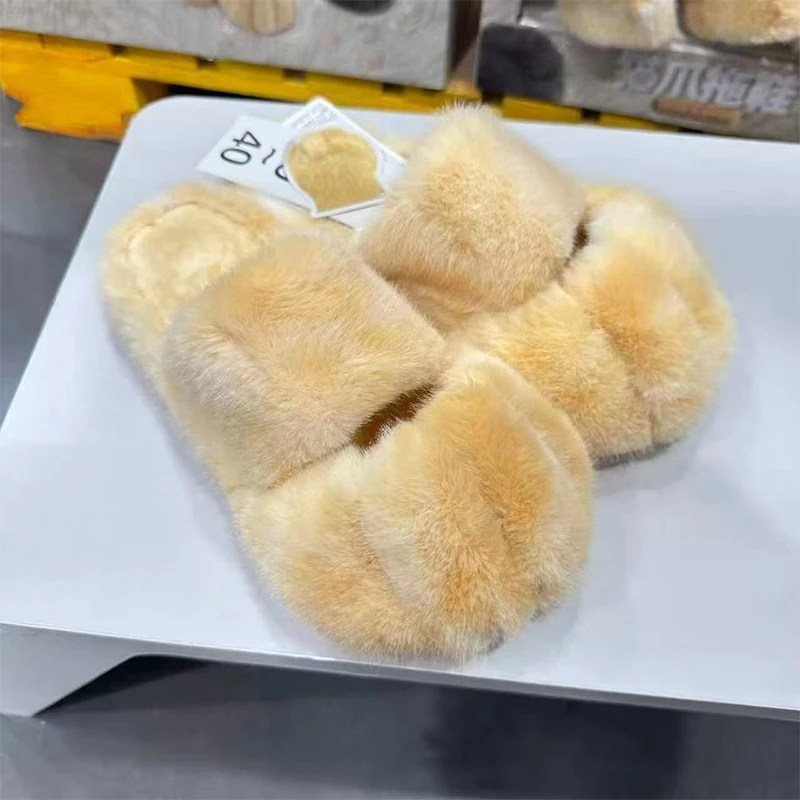  Pantofole soffici con zampa di gatto Kawaii Imitazione capelli di coniglio Ragazza carina Comfort Pantofole in peluche con tacco piatto Scarpe pelose calde da casa