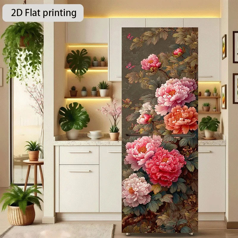 Autocollant pour réfrigérateur, motif pivoine prospère, design thématique, papier peint autocollant mural, adapté aux armoires et aux murs