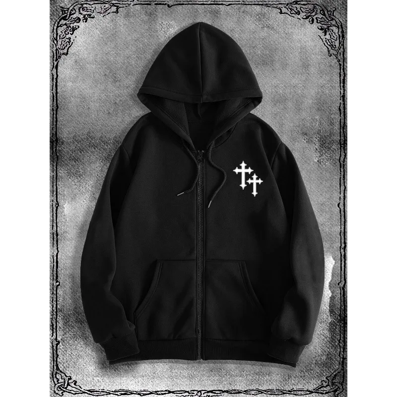 

Мужская толстовка на молнии с принтом в готическом минималистском стиле, осенне-зимняя новая тяжелая повседневная куртка в стиле ретро, уличный топ