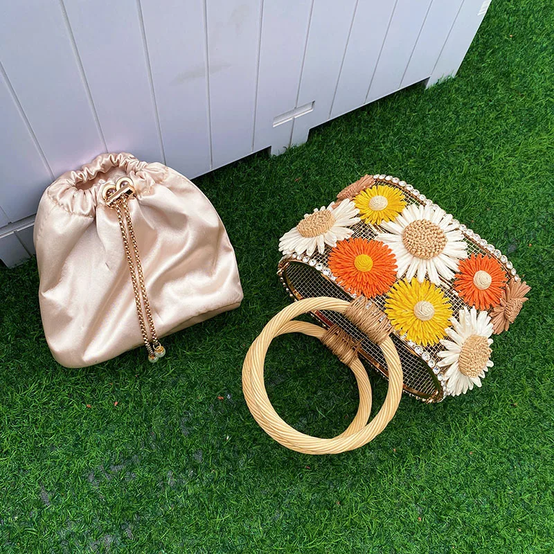 Sunflower Birdcage Women Handbag Metallic Diamond Basket Bags for Women Rattan Round Handle Shoulder Bag Luxury Evening Clutch - Image 3