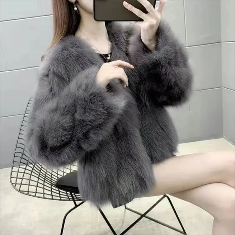 

Faux Fur Coat Women Luxury Collarless Short Fur Outwear Winter Elegant Thick Artificial Fur Jacket Warm Shaggy Overcoat JJ412