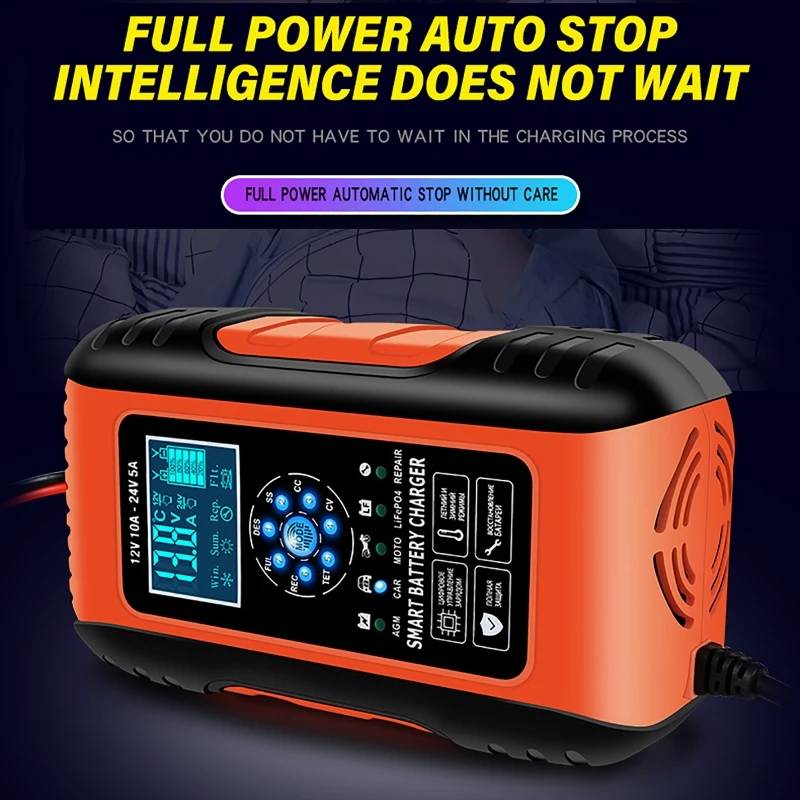 Chargeur de batterie de voiture Intelligent 12V 24V, entièrement automatique, 7 étapes, pour voiture, moto, écran LCD, pour Gel au plomb, AGM