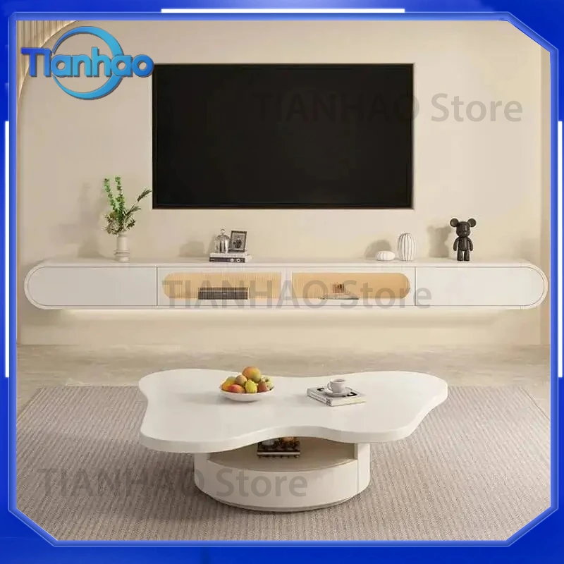 Modern TV Stand Floating Entertainment Center White Screen TV Cabinet for Postmodern Space Saving Furniture