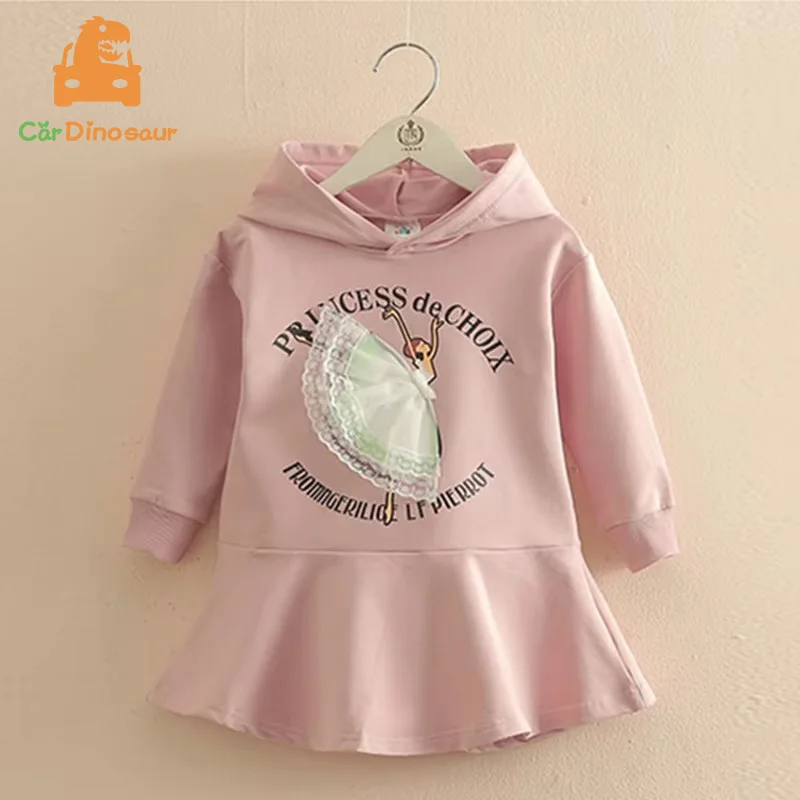 

2025 Spring Autumn New 6 8 10 12-17 Years Children Kids Lace Dancing Girl Letter Long Design Hooded Dress Sweatshirt For Girls
