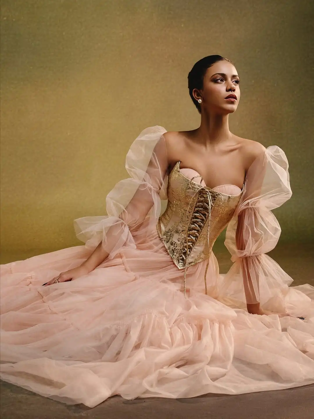 Elegante blush rosa tule vestido de baile com brocado ouro espartilho sheer puff mangas vestido de noite vestido de baile vestidos de casamento plus size