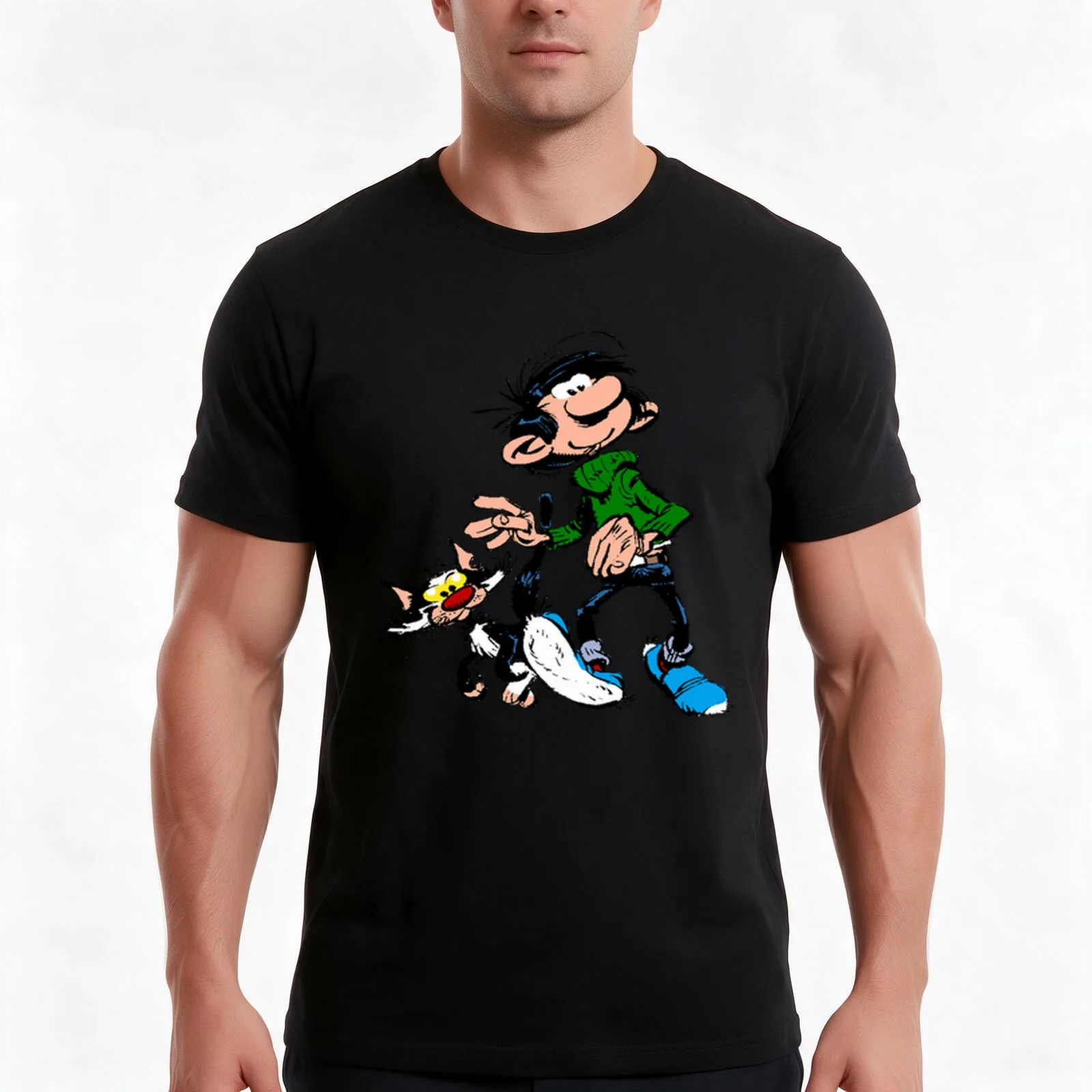 Gaston Lagaffe T-Shirt, Summer Casual Cotton Tee, Oversized Streetwear Tops, Vintage Graphic Print, Loose Fit Short Sleeve