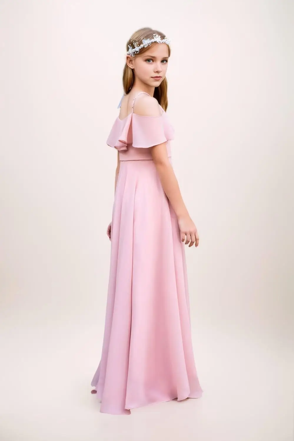 Een lijn junior bruidsmeisjekleding bloemenmeisjesjurk chiffon maxi mouwloos a-lijn voor bruiloft tienermeisjes feestjurken meisjesjurk