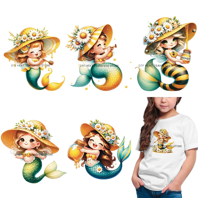 

4pcs Latest design cute bee watercolor mermaid Iron On Patch Heat Transfer On Clothes DTF Heat Transfer On Clothes