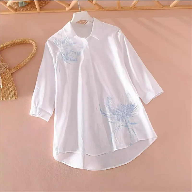 

Шикарная вышитая блузка для женщин, весенне-летняя свободная рубашка, повседневный асимметричный кардиган, топ с рукавами-фонариками