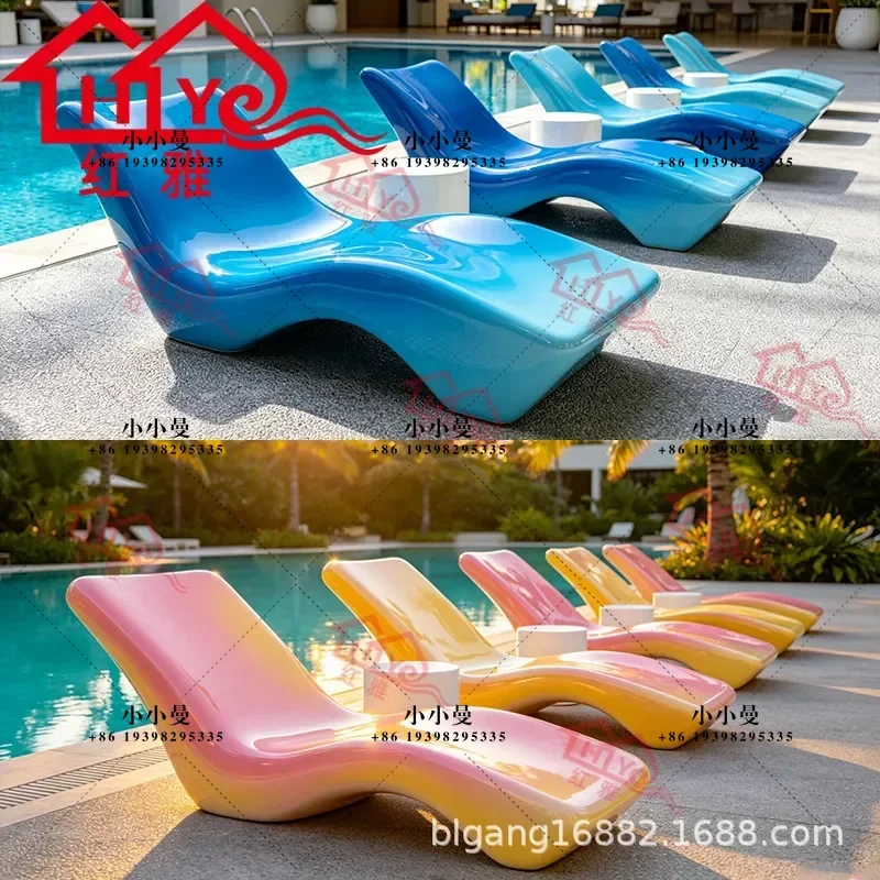 Poolside Fiberglass Deck Chair Gradient Color Outdoor Waterproof Beach Lounger for Hotel Villa Vacation Relaxing Sunbed