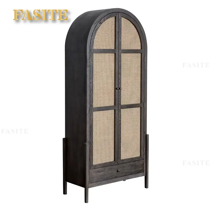 Nordic Retro Ash Wood Wardrobe for Double Door Multi-functional Arched Cabinet Old Black Rattan Storage Locker