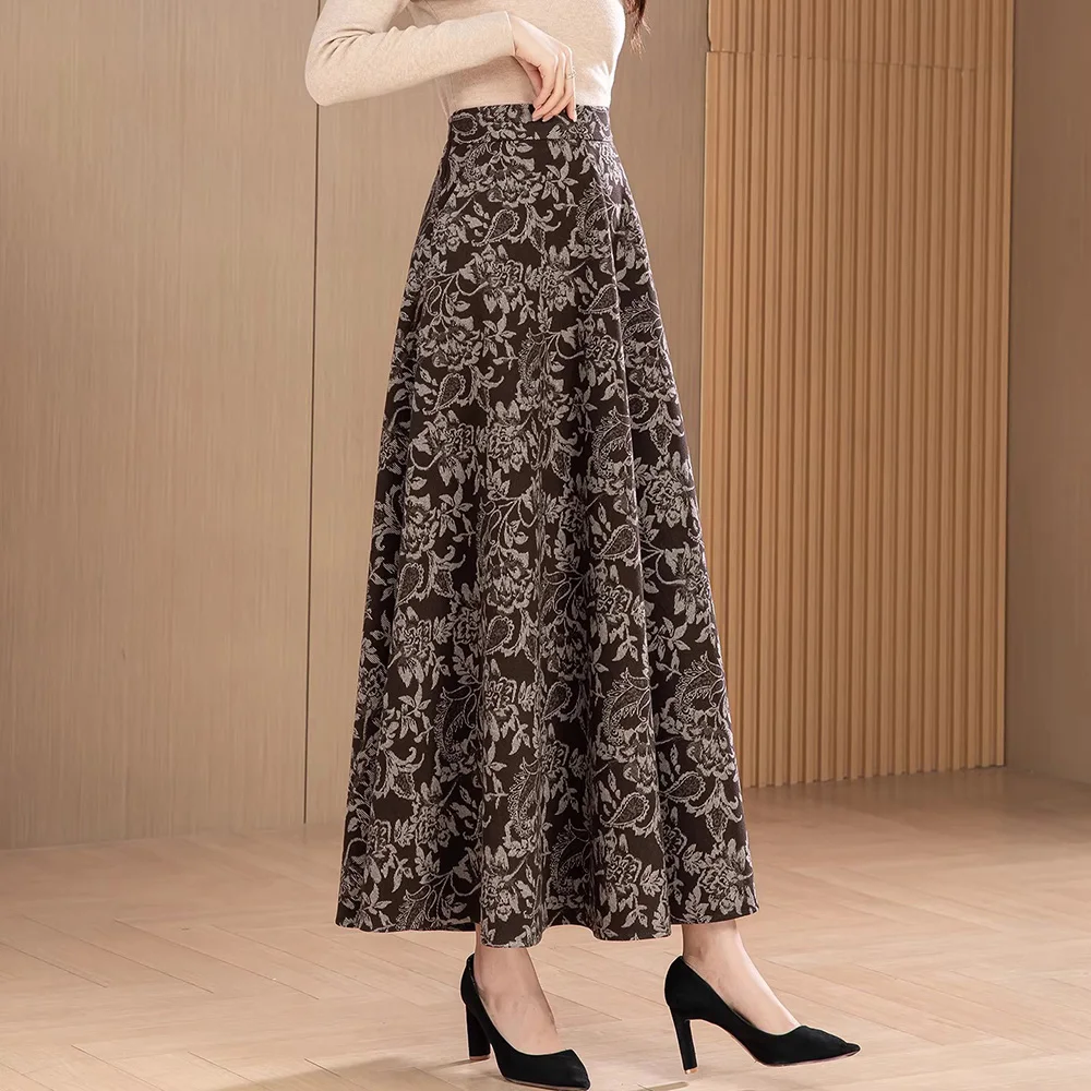 New Women Print Woolen Skirt Autumn Fashion High Waist A-line Vintage Floral Long Skirt Simplicity Elegant Daily Skirt Female