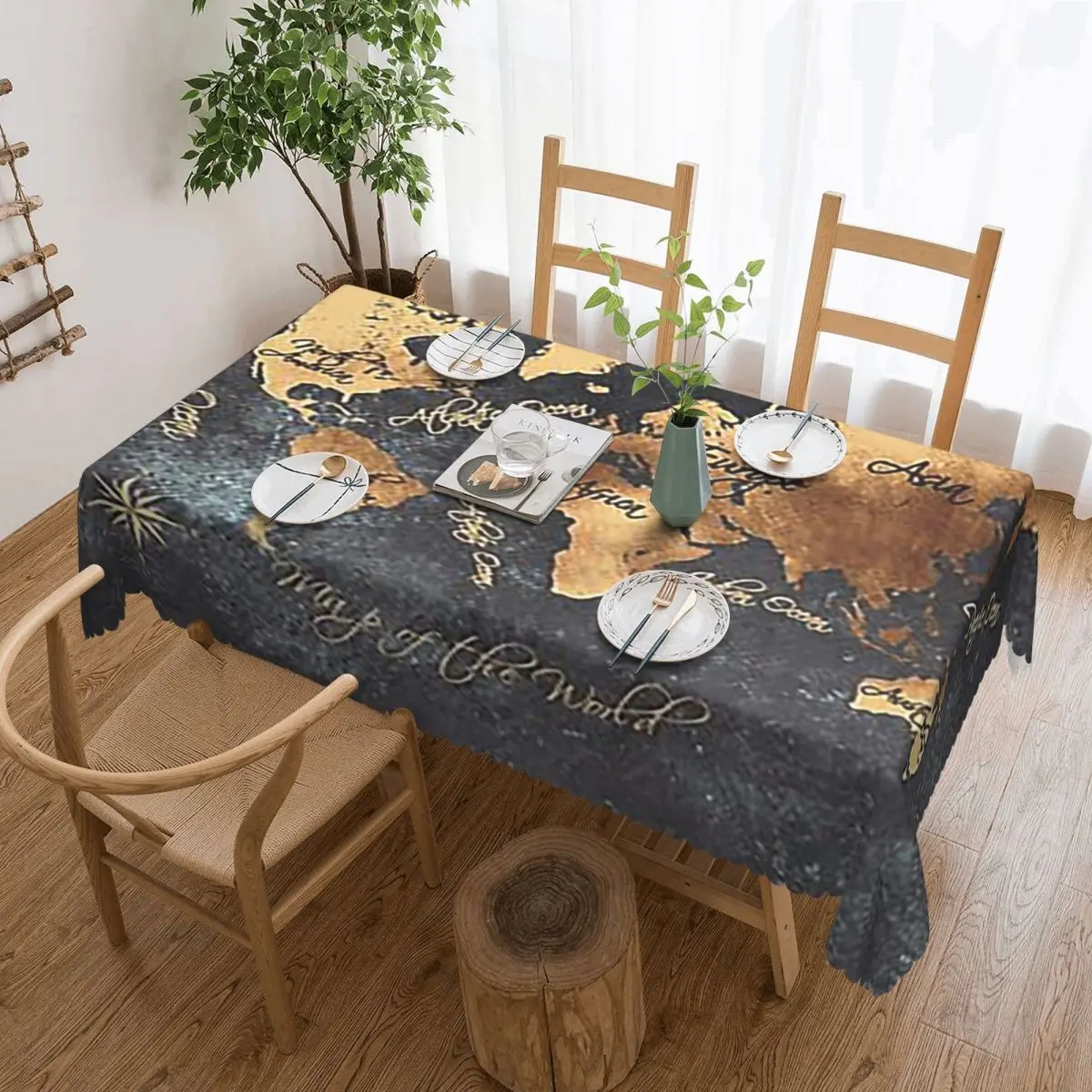 World Map 147 Gold Black Worldmap Map Customized Rectangular Tablecloth Waterproof Table Cover for Dining Events Table Cloth