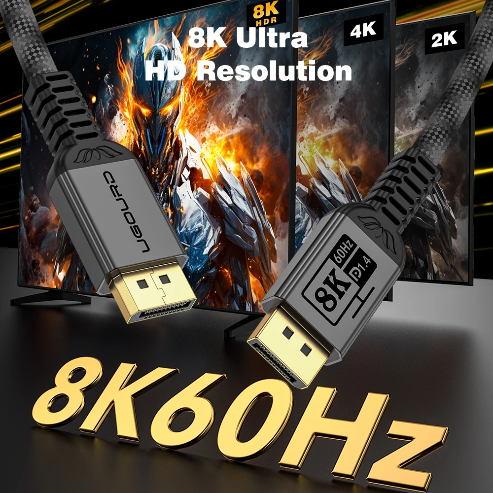 UGOURD Upgrade DisplayPort 1.4 Cable 8K60Hz DSC 4K240Hz（DSC） 2K240Hz Nylon Braided 8K DP Cord HDR G-Sync FreeSync Monitor Cord