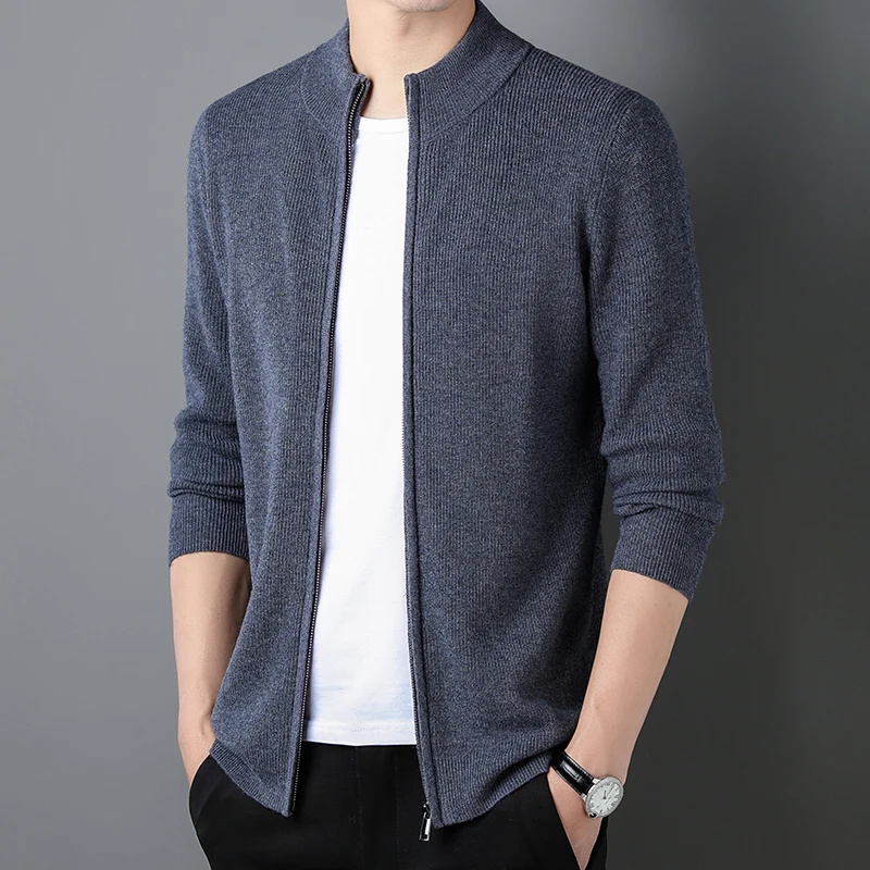 Men\'s 100% Cashmere Wool Cardigan Autumn & Winter Fashion Zipper Sweater Coat Long Sleeve Knitwear Sheep Wool Sweater Cardigan