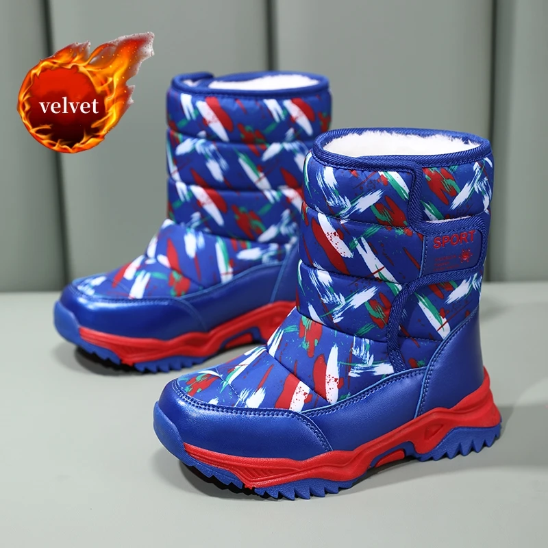 

Boys Girls Velvet Snow Boots Waterproof Fabric Children's Winter Boots Warm Plush Non-Slip High Top Sneakers Kids Outdoor Boots