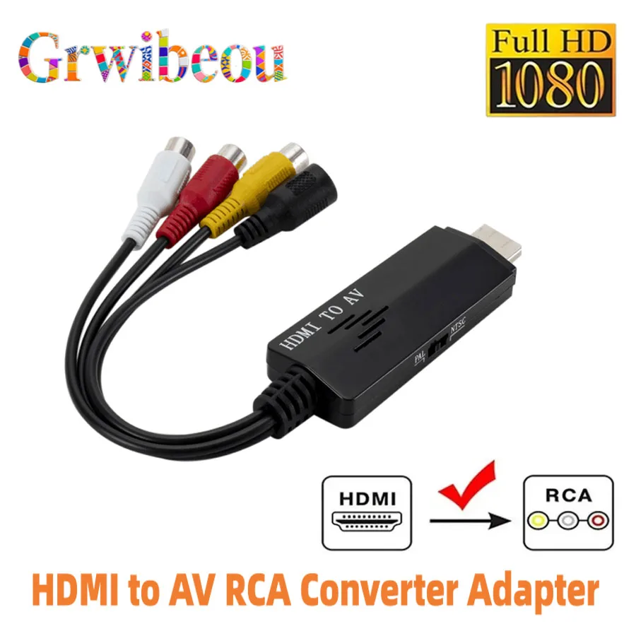 1080P Cable HD HDMI to AV RCA Black Converter Adapter Cable STB to Old TV Input Port 1 X HDMI-Compatible Output Port 1 X RCA