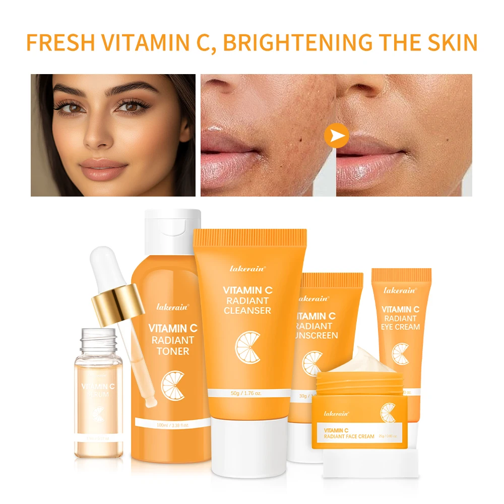 Kit de soins de la peau à la vitamine C, 6 points, Kit de soins hydratants pour le visage, Anti-rides, Kit de soins du visage, coffret cadeau pour femmes