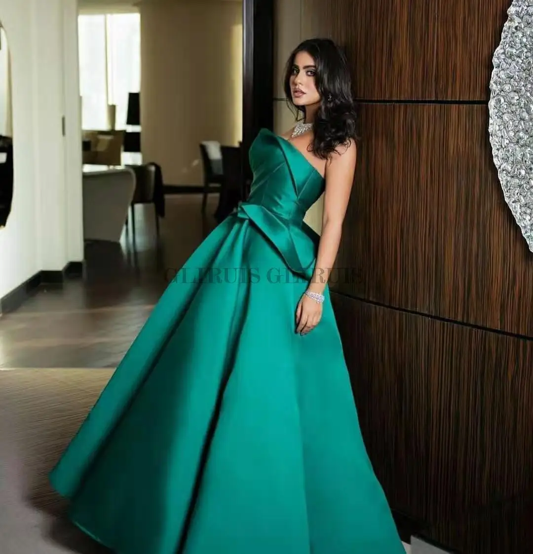 A-Line Long Satin Green Evening Dresses with Pockets Floor Length Corset Back Pleated Abendkleider Formal Party Gowns for Women