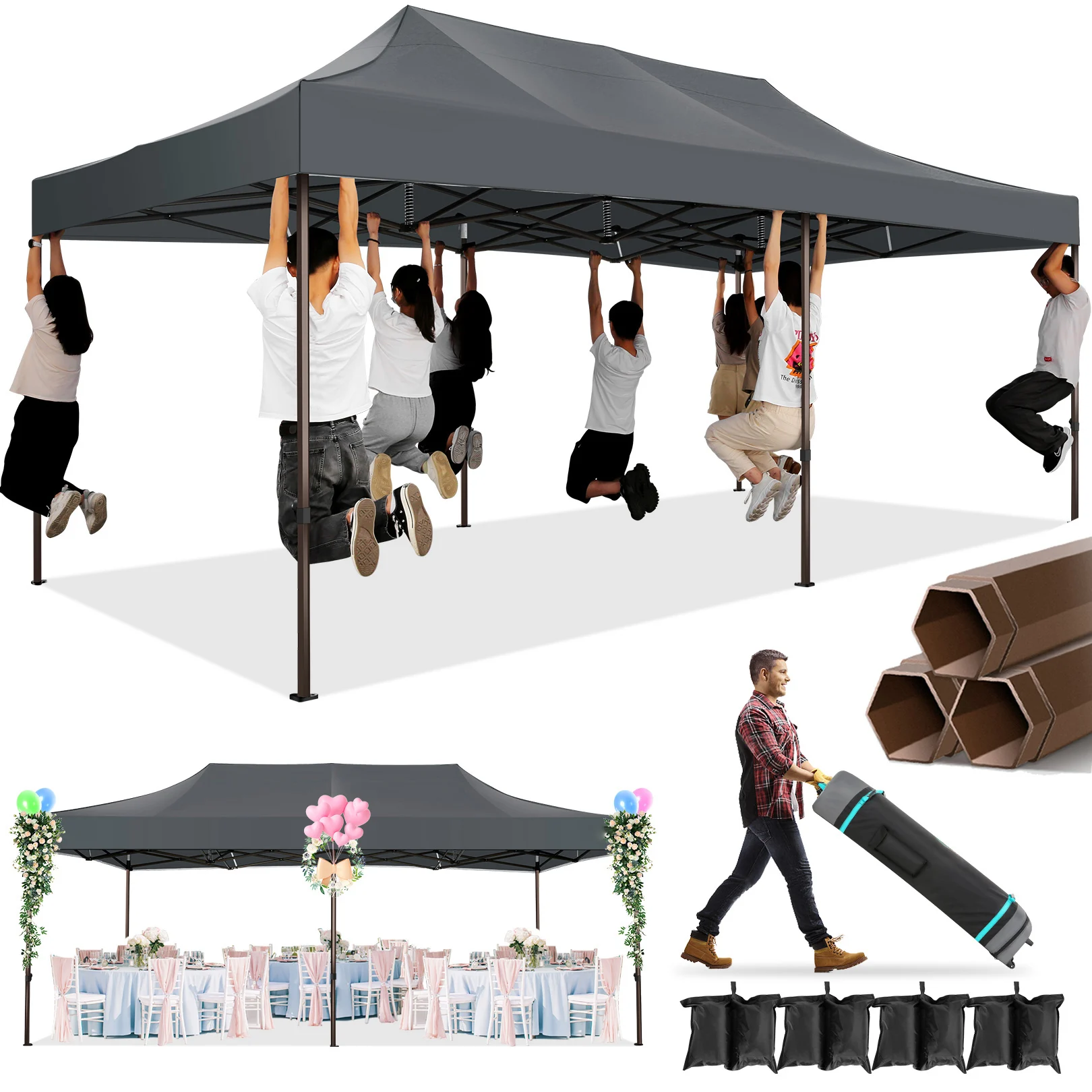 10x20 Pop up Canopy Without Sidewall Heavy Duty Commercial Outdoor Gazebo Ez Up Wedding Party Tents for Parties with Roller Bag