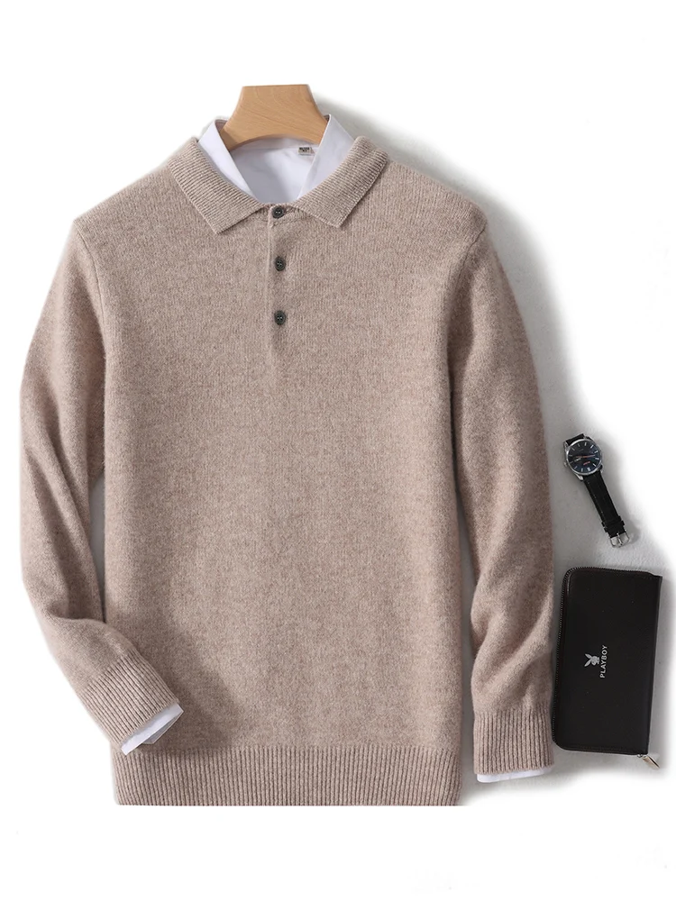 New Men's POLO Collar Sweater  Autumn Winter Thick Long Sleeve Business Pullovers 100% Merino Wool Knitwear Shirt Basic Clothes