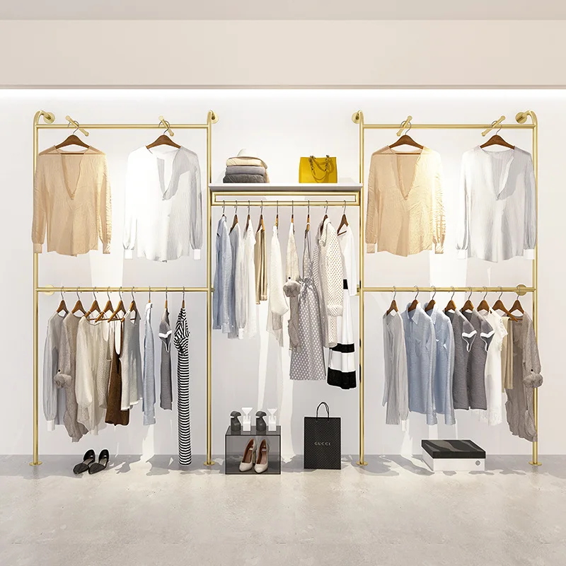 Women's clothing shelf, pajama store hanging hanger display rack, gold double-layer hanging clothes rack, wall clothing store di