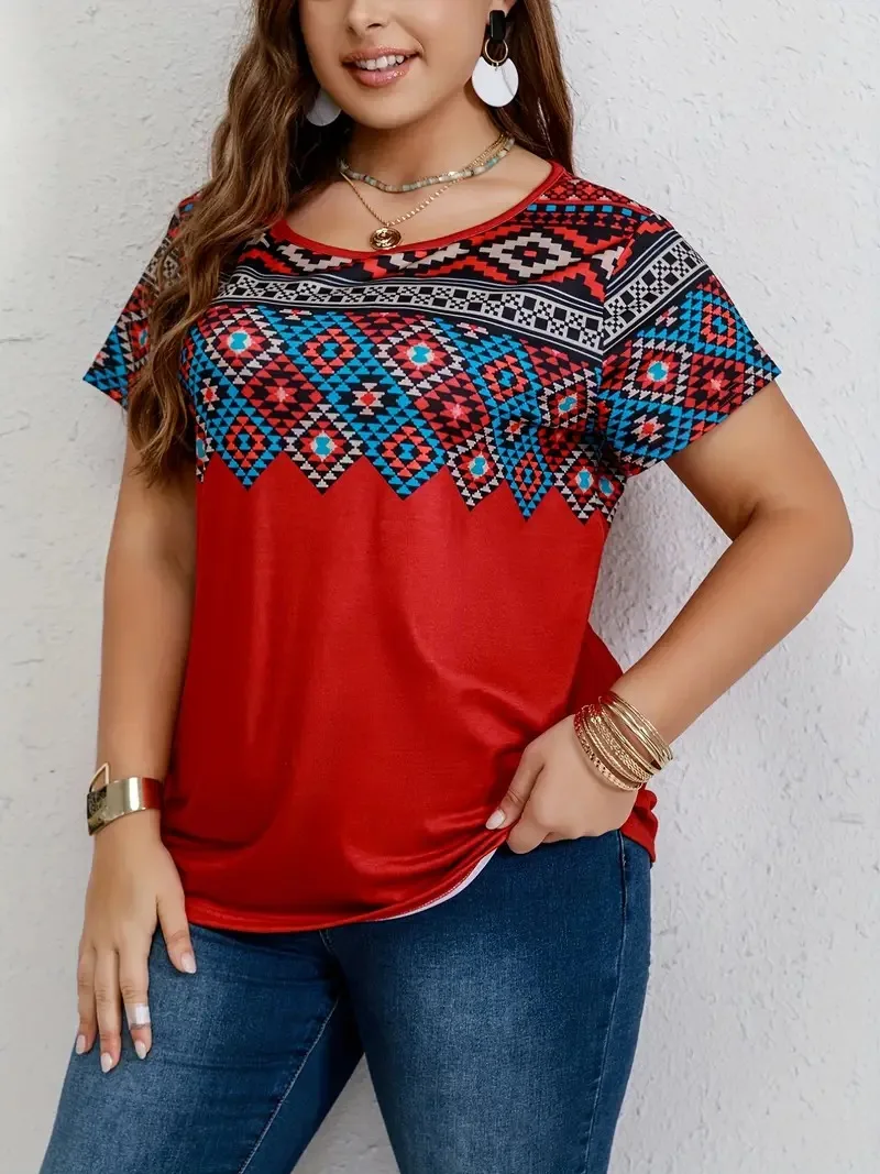 Women T Shirt Plus Size Tops Fashion clothes Women\'s Plus Southwestern Print Casual Tees Round Neck Short Sleeve T-shirt Tops