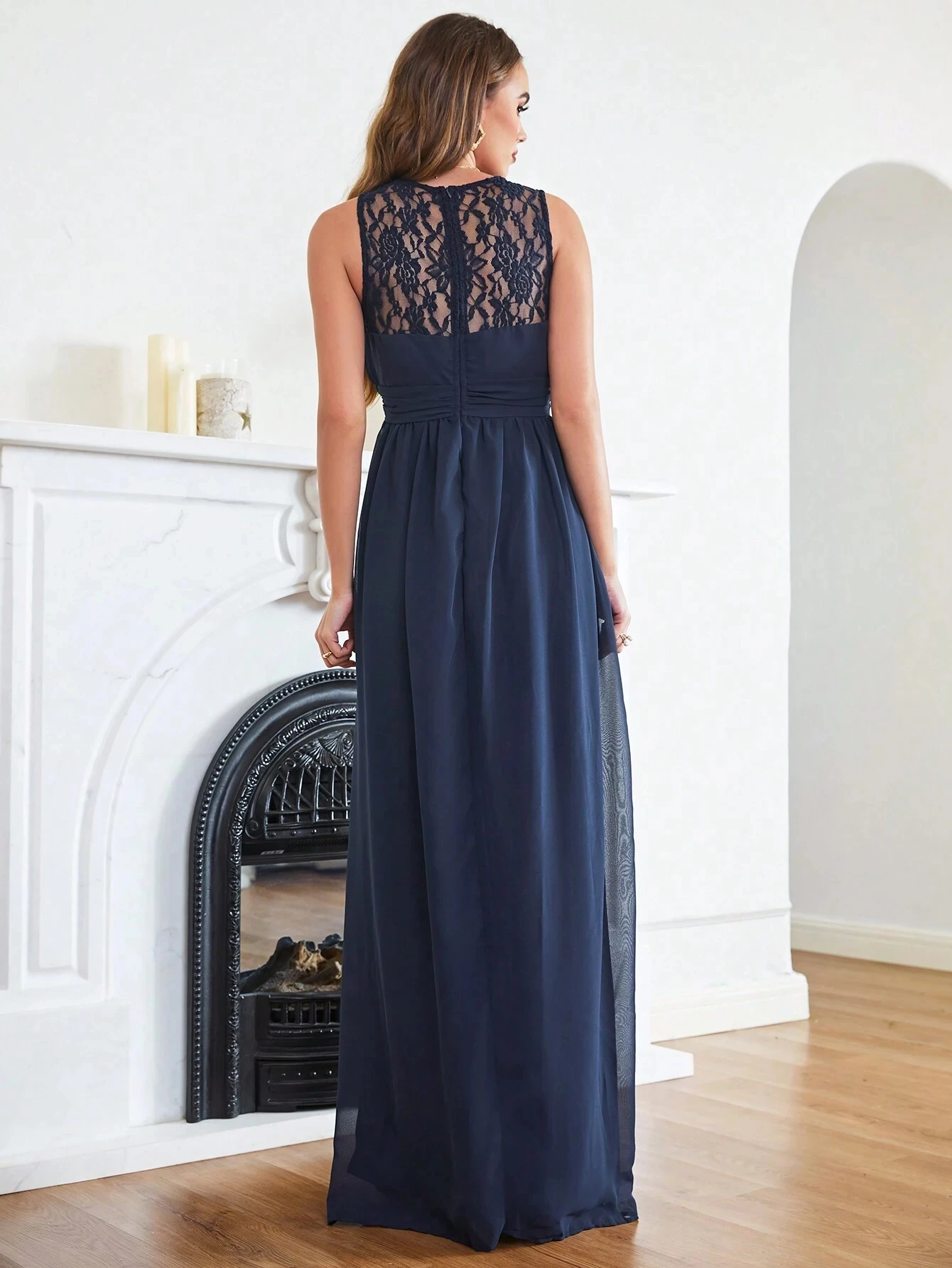 BABYONLINE D.R.E.S.S. Bridesmaid Dress Contrast Lace Ruched Waist Chiffon Illusion Neck Chiffon And Lace Dresses Cabernet