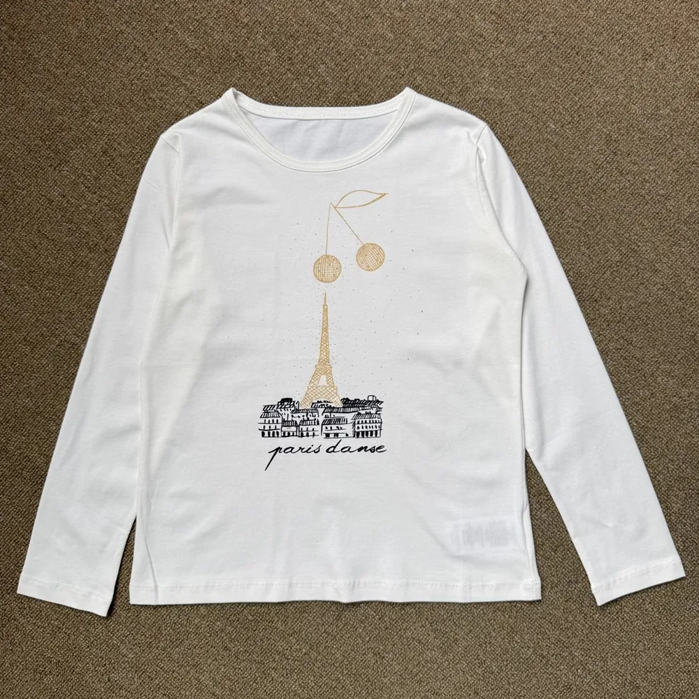 Spring Kids Clothes Girls T-Shirt Cherry Pattern French Iron Tower Printed Long Sleeve T-Shirt Simple Beige Casual Top