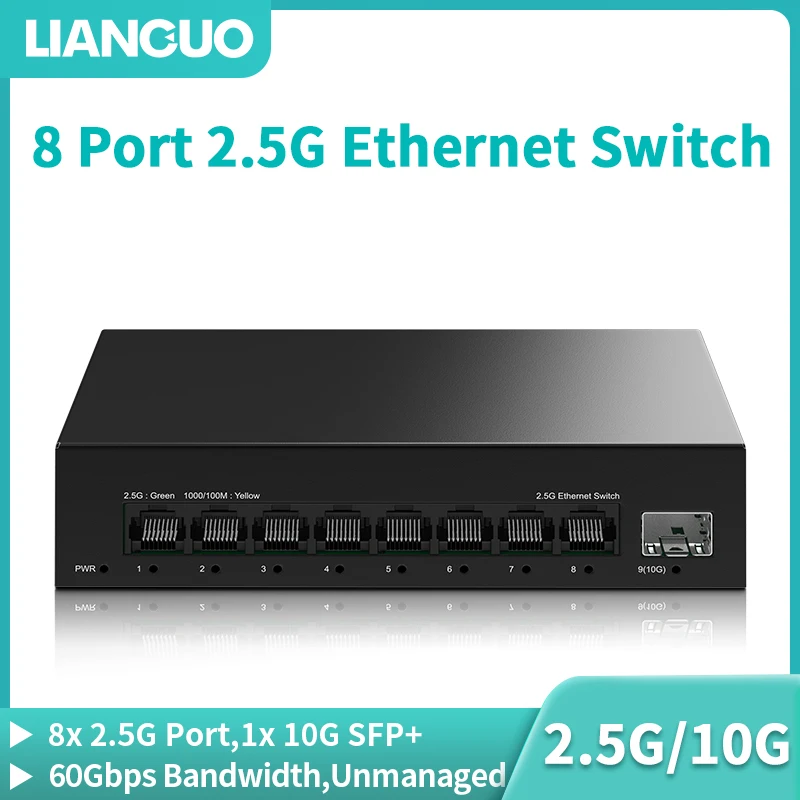 LIANGUO 2.5Gb 8 Port Network Switch 2.5Gbps Unmanaged Ethernet Switch with 10Gb SFP+ Slot Home Lab Small Setup Plug&Play Switch