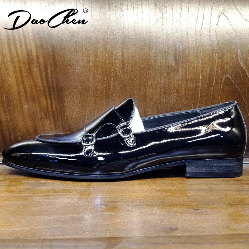 DAOCHEN Luxury Mens Leathe Shoes Slip On Patent Leather Black Monk Strap Men Shoes Wedding Party Social Casual Dress Loafers