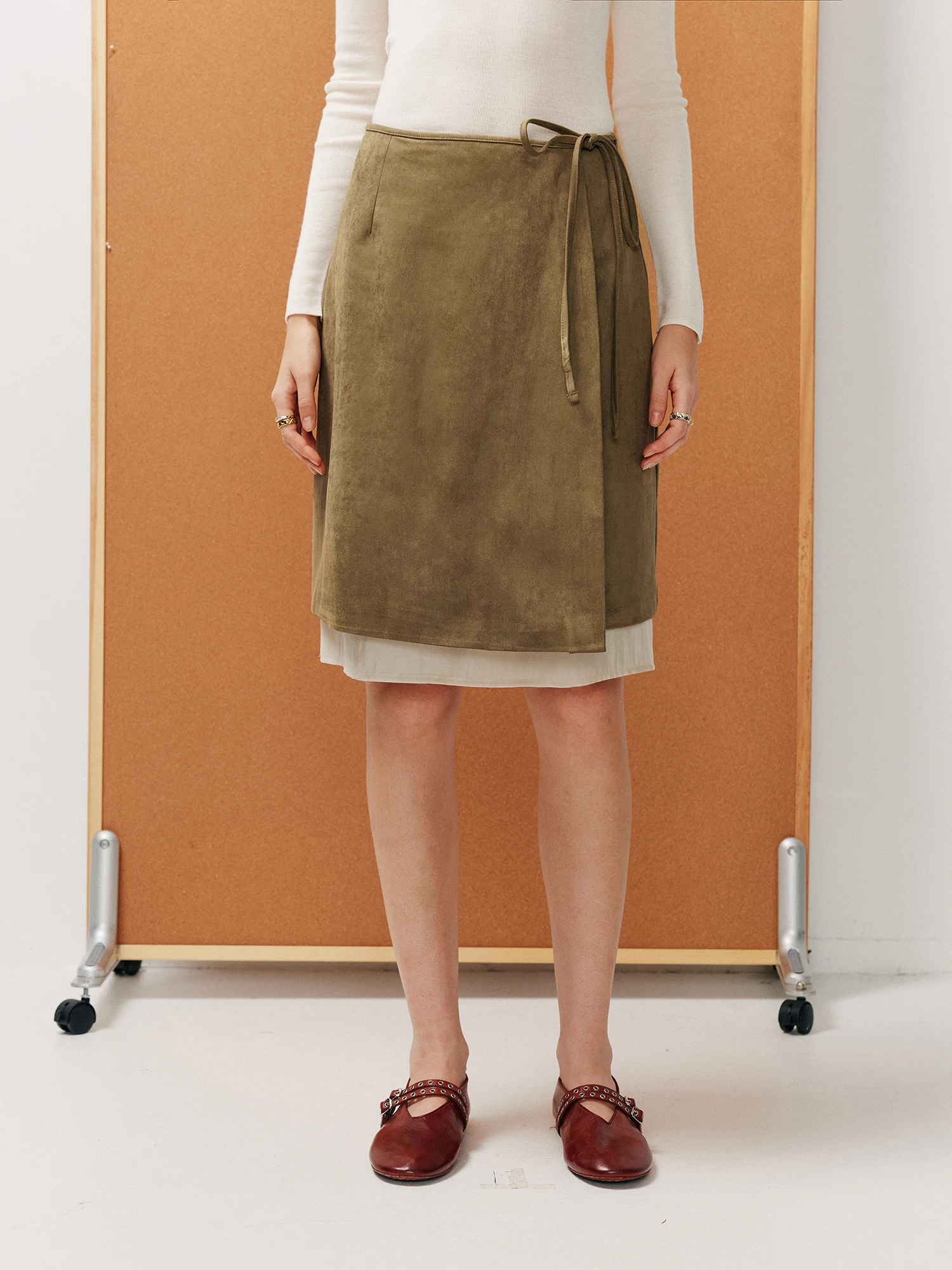 Color Block Suede  Skirt with Belt Commuter A-Line Half-length Skirt Layered Effect Women's Polyester Fiber Midi Skirt