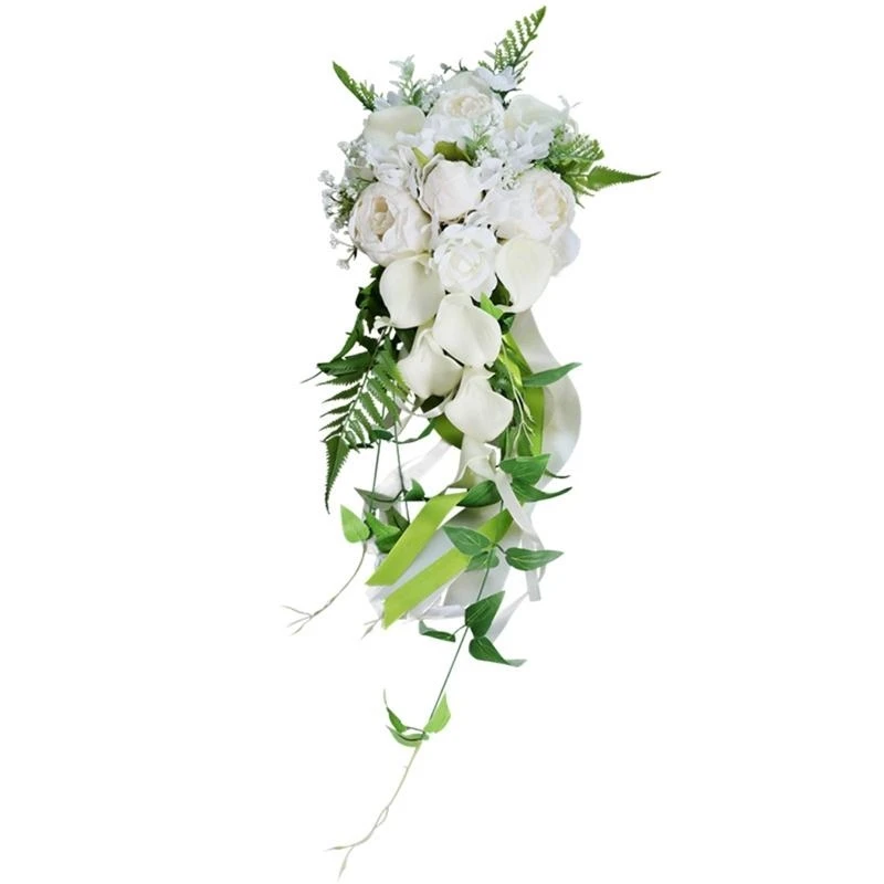 

Wedding Bridal Bouquet Cascading Waterfall Artificial Callalily White Holding Flowers Church Party Decoration 15UB