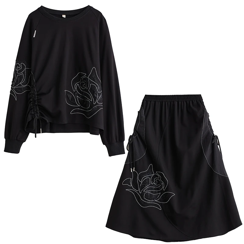 Bla-Conjunto de falda y Top bordado Retro, traje de dos piezas con costura de flores 3D, corte holgado, otoño e invierno