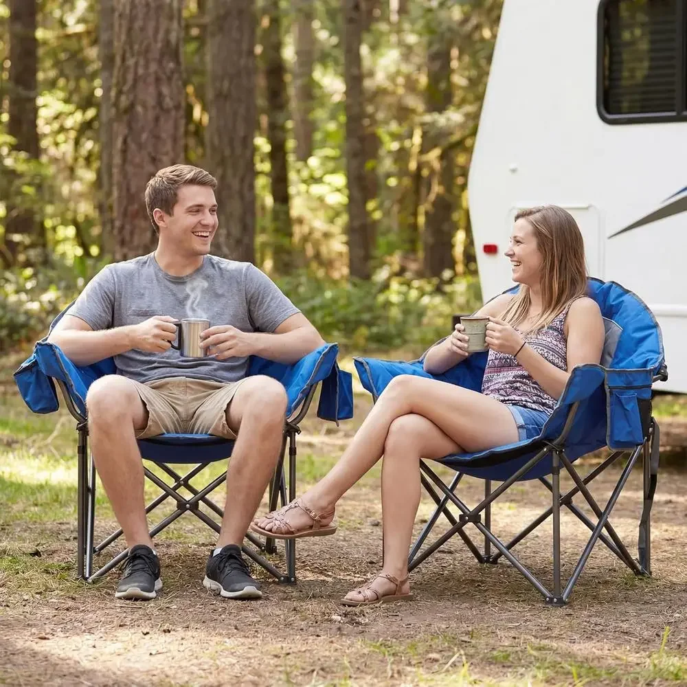 Oversized XXL Padded Camping Chairs for Adults, 500lbs Capacity, Ultra-Thick Cushion, Cooler Bag & Side Pockets, Blue/Gray