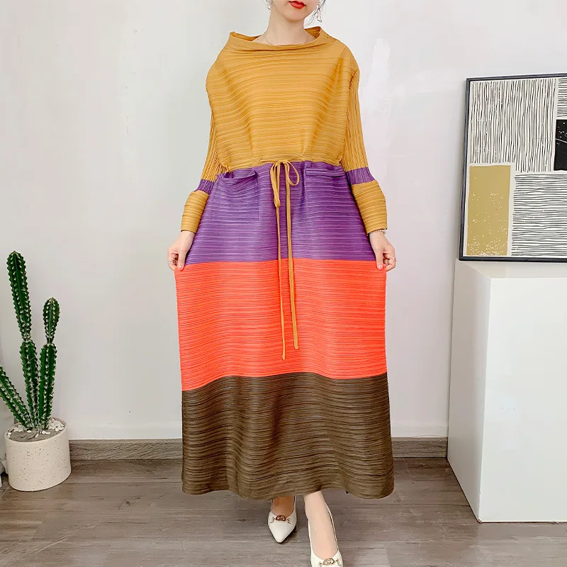 

Miyake Pleated Summer Dress Women 2023 Colorful long Dress Fashion Lace-up Loose thin Oversized Design Sense Vintage Skirt