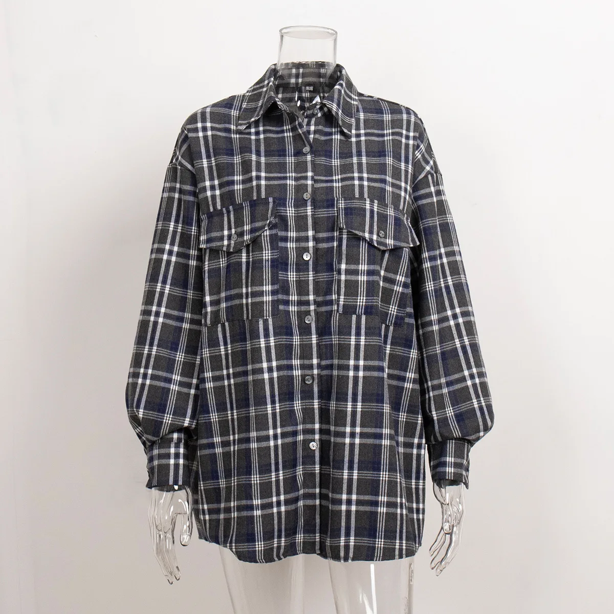 เสื้อเชิ้ตวินเทจทรงโอเวอร์ไซส์ กระดุมแถวเดียว ลายสก็อตหลวมๆ เสื้อผู้หญิงแฟชั่น ปกเสื้อ แขนยาว เสื้อเชิ้ตทำงานผู้หญิงและเสื้อเบลาส์