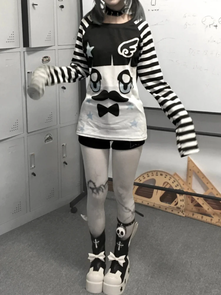 Women Y2K Kawaii Cartoon Face Graphic Long Sleeve Tee Cute Stars Striped Color Block Harajuku Egirl Anime Streetwear Alt Girl