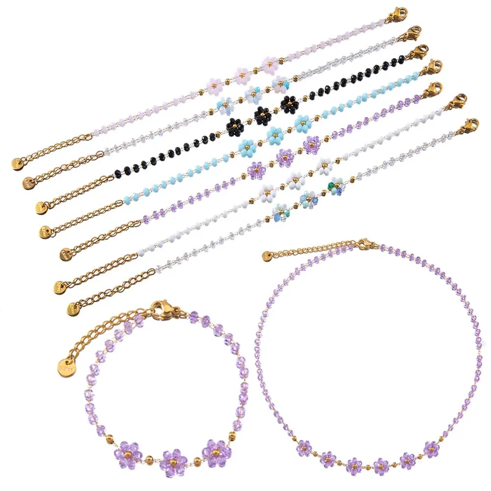 1pcs Stainless Steel Crystal Flower Beaded Chains Lobster Clasps Braid Bracelet Necklace for Women DIY Jewelry Making Wholesale