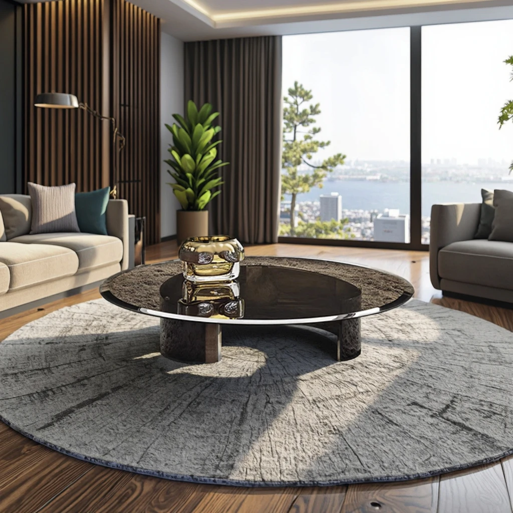 &Luxury Design Coffee Table Villa Living Room Furniture Stainless Steel Tempered Glass Center Table Circular Coffee Table