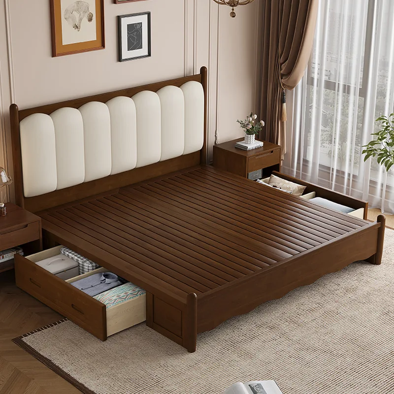 yn-American Solid Wood Full High Box Double Bed Frame Canopy Wave Design French Upholstered Master Bedroom Bed Disassembly-