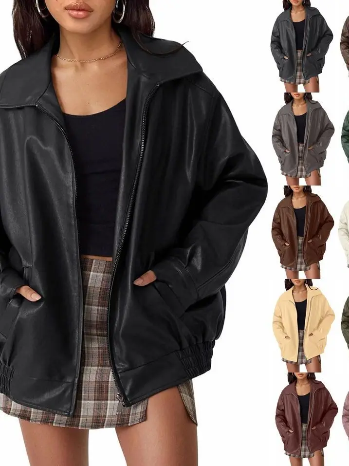 

Women's Fashionable Loose Long Sleeve Motorcycle Leather Jacket New Large Size Autumn Winter Ultra-Long Zipper Closure Coat