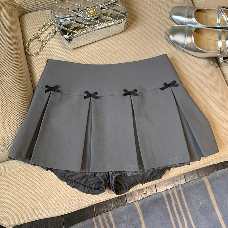 

Miiiix Korean Fashion Bow Gray Half Skirt for Women's Summer New College Style Pleated Short Half Skirts Female Clothing