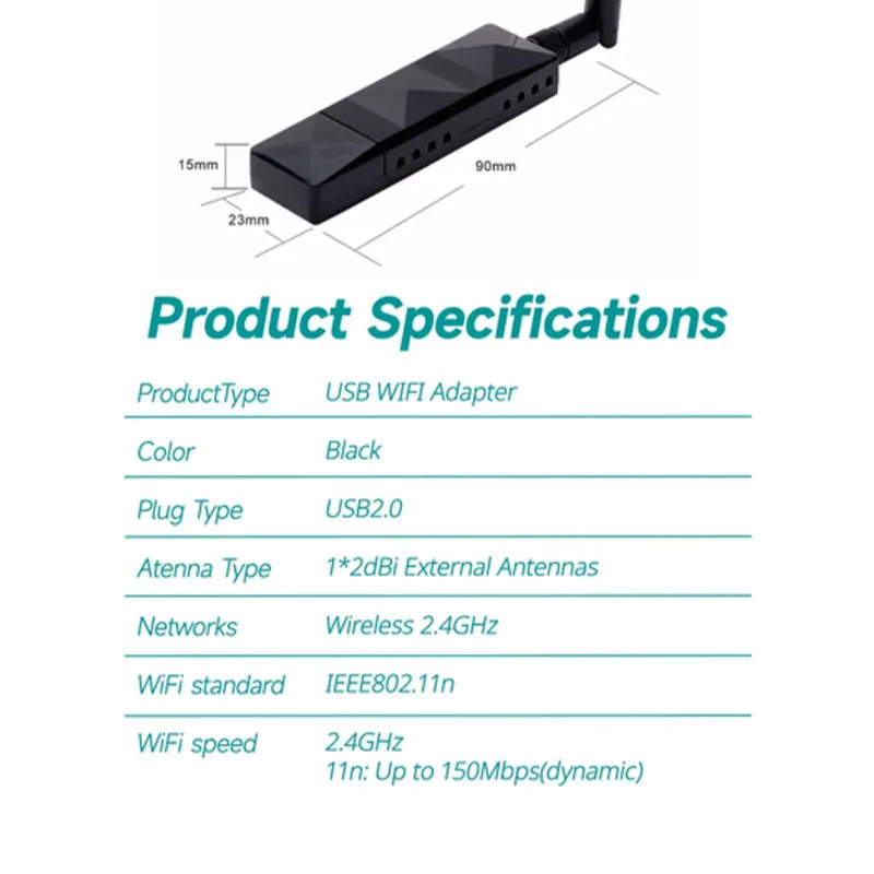 Adaptador USB WiFi sem fio com antena, Atheros AR9271 Chipset, Placa de rede 802.11n, 5DB, Windows 8 10 Kali Linux, 150Mbps