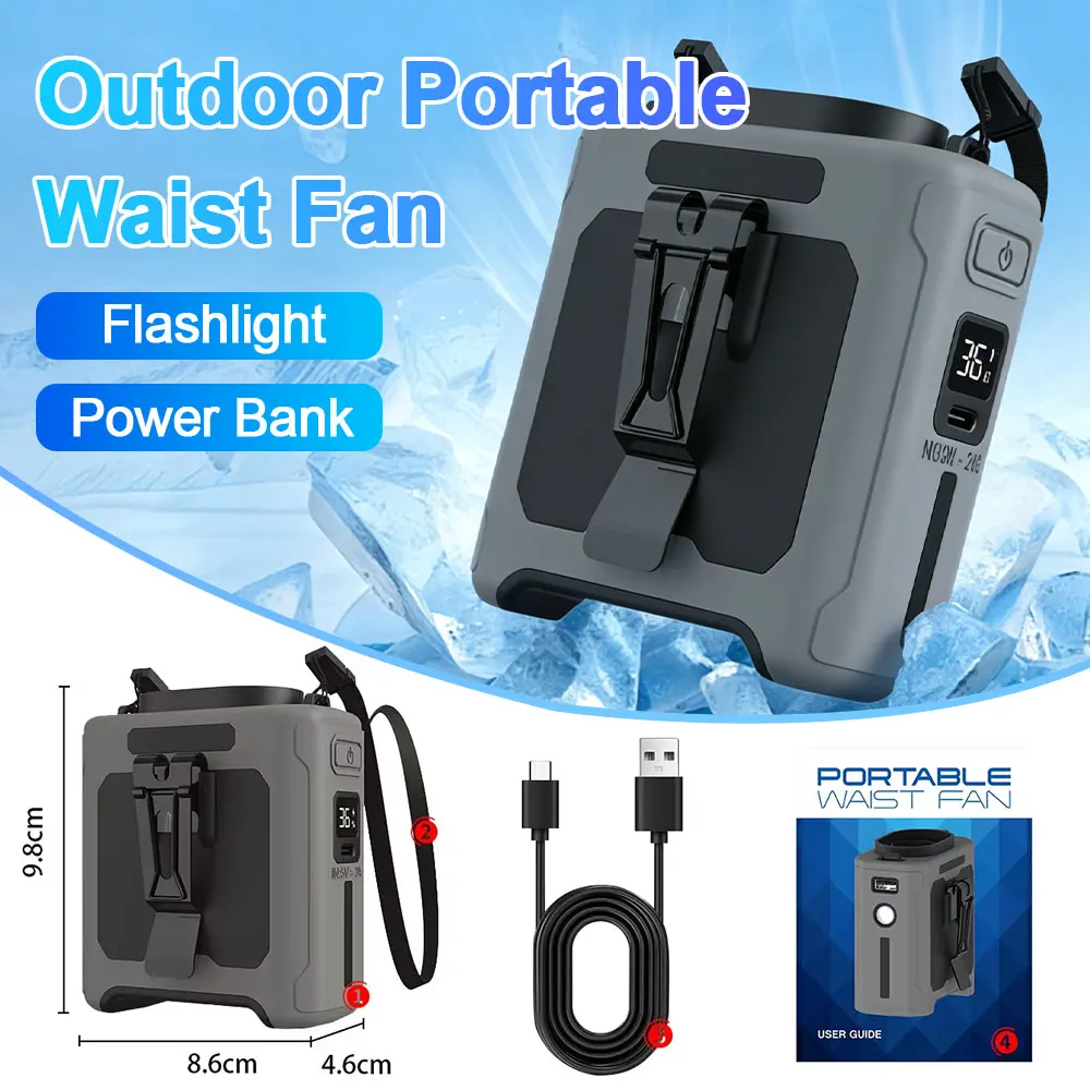 

Поясной вентилятор емкостью 10000 мАч, переносной поясной вентилятор, 5 скоростей и светильник, 40 часов, охлаждение без помощи рук для путешествий на открытом воздухе на рабочем месте, большой радиус действия для улицы