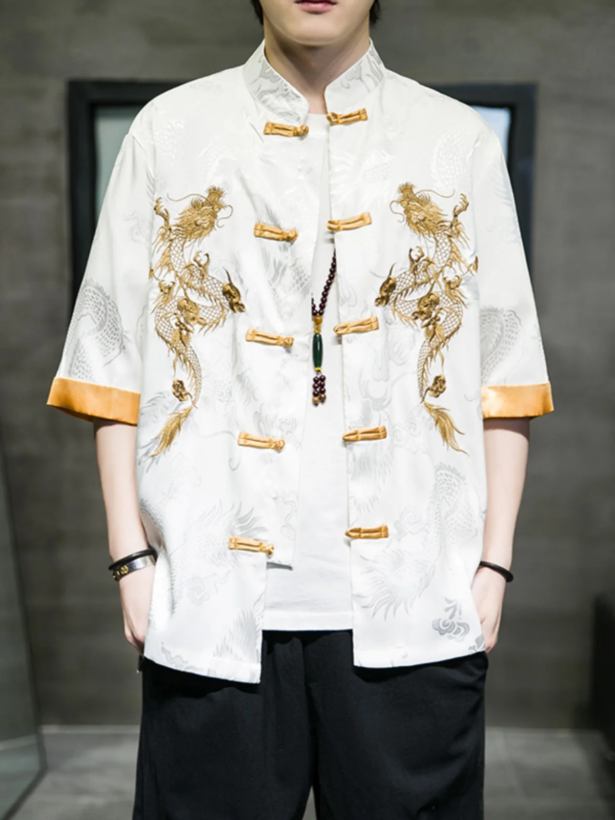 

Men's ort Sve irt Summer Thin Five-Quarter Sve Top New Chinese Retro Embroidery Tang Costume Hanfu Outerwear