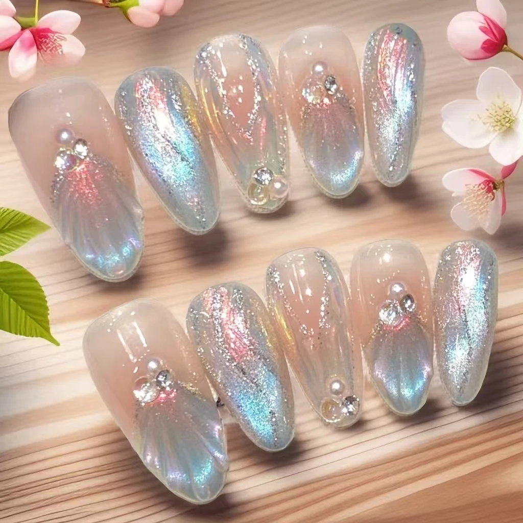 

10PCS [Mermaid Whisper] Detachable Luxury Light-Therapy Press-On Nail With 4-PIECE Tools Super-Strong Nail Adhesive Tabs
