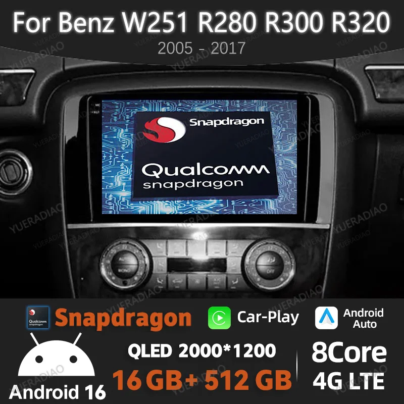 Android 16 Car Radio For Mercedes Benz R-Class R Class W251 R280 R300 R320 2005 - 2017 Viedo Player GPS Qualcomm 2DIN 4G LTE DSP